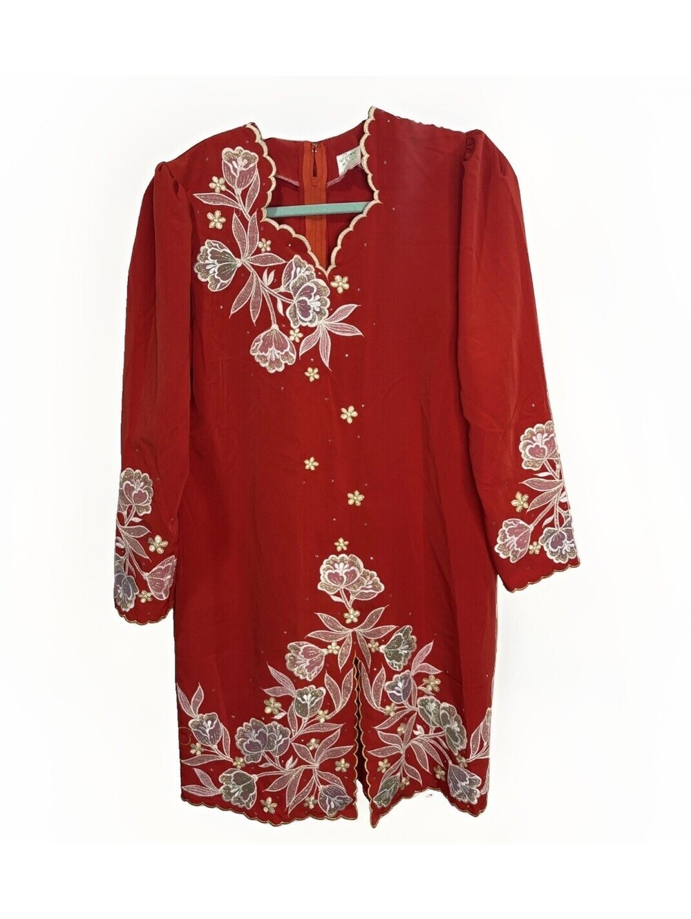 Bewa Fashion Vibrant Cherry Red Embroidered Floral Dress - M